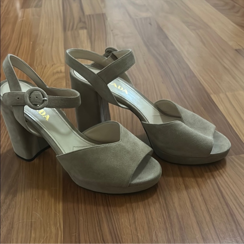 Prada Women's Beige Suede Block Heel Sandals